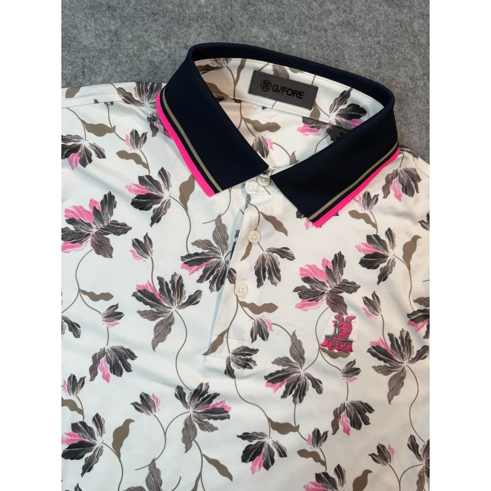 G/FORE‎ Mens Floral Print Performance Golf Polo Shirt White Pink UPF 50+ Size M